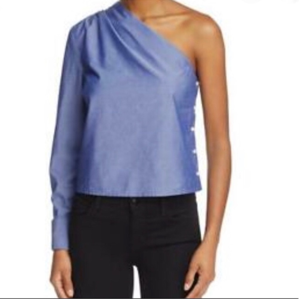 Travota Blue Blouse One Long Asymmetrical Sleeve Size M Button Embellishment